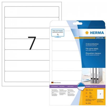 Этикетки самоклеящиеся Herma для папок-регистраторов белые 192х38 мм 7  штук на листе (25 листов в упаковке)