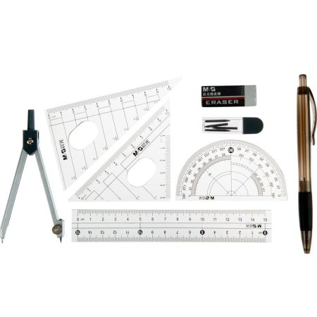 Набор чертежный M&G прозрачный (карандаш, ластик, циркуль, набор  грифелей, 4 линейки)