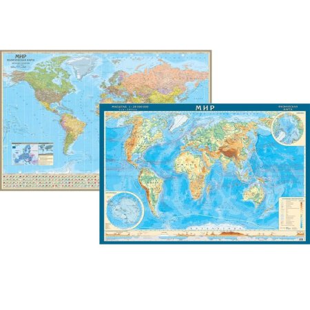 Настенная карта Мира политическая 1:34 000 000 двухсторонняя
