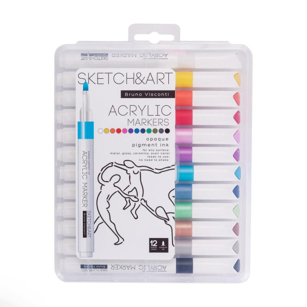 Набор акриловых маркеров Sketch&Art 12 цветов (толщина линии 1-3  мм) пулевидный наконечник