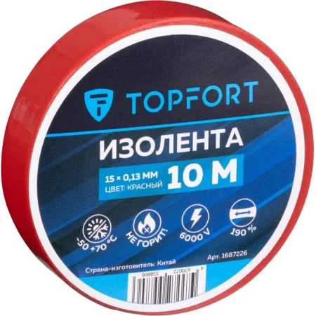 Изолента TOPFORT ПВХ 15 мм x 10 м красная (1687226) Изолента TOPFORT ПВХ 15 мм x 10 м красная (1687226)