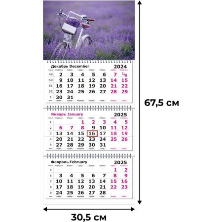 Календарь настенный 3-х блочный 2025 год Велосипед в поле (30.5х67.5 см)