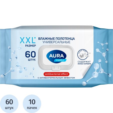 Полотенца влажные Aura Family универсальные флоупак с жёстким клапаном  (60 листов в пачке) Полотенца влажные Aura Family универсальные флоупак с жёстким клапаном  (60 листов в пачке)