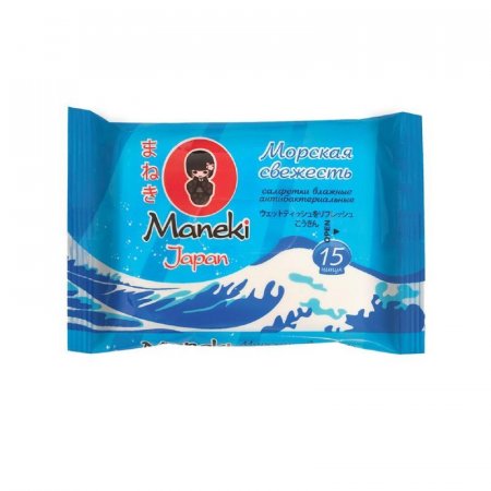 Влажные салфетки антибактериальные Maneki Kaiteki Морская свежесть 15 штук в упаковке