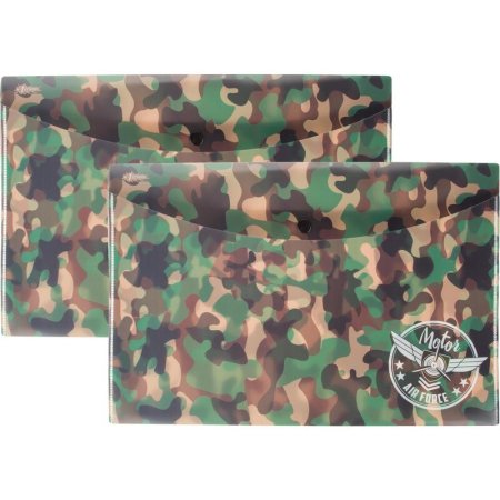 Папка-конверт на кнопке №1 School Military А4 зеленая (2 штуки в  упаковке)