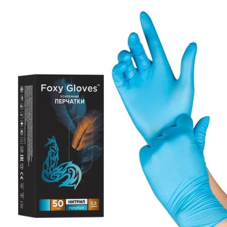 Перчатки одноразовые смотровые Foxy-Gloves нестерильные неопудренные  размер M (7-8) голубые (50 пар/100 штук в упаковке)