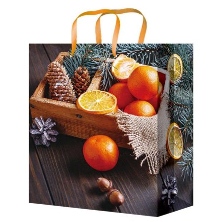 Пакет подарочный ламинированный новогодний Мандарины и шишки (18х23х8  см)