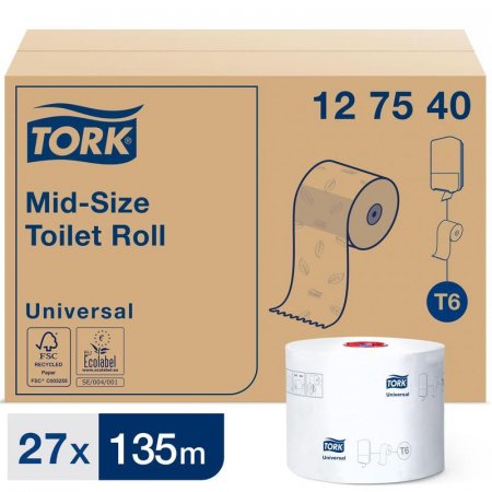 Туалетная бумага в рулонах Tork Mid-size Universal T6 127540 1-слойная 27 рулонов по 135 метров