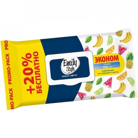 Влажные салфетки освежающие Emily Style Tropic 100+20 штук в упаковке
