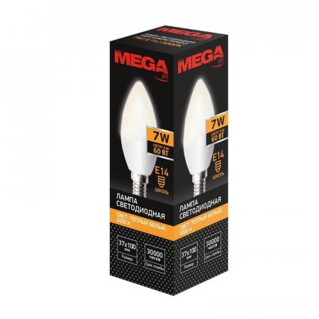 Лампа светодиодная Mega 7 Вт E14 свеча 3000 K теплый белый свет
