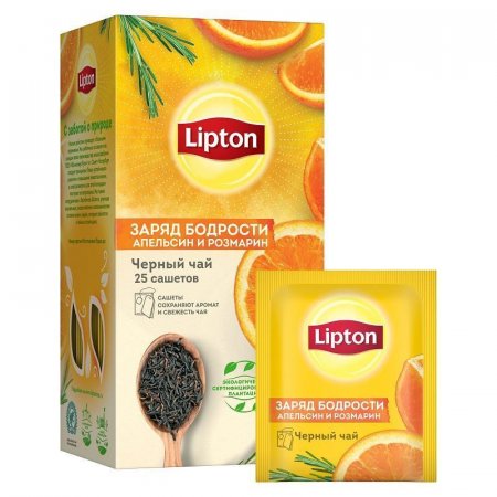 Чай Lipton Заряд бодрости с апельсином и листьями розмарина черный 25 пакетиков