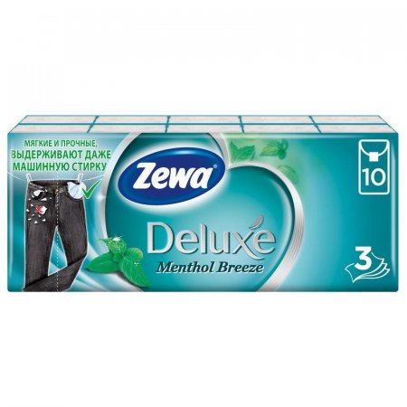 Носовые платочки бумажные Zewa Deluxe с ментолом 3-слойные (10 пачек по 10 платков)