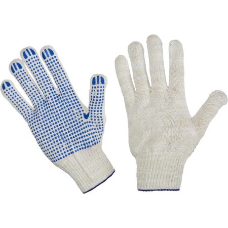 Перчатки защитные эконом хлопковые с ПВХ покрытием белые (точка, 5  нитей, 10 класс, универсальный размер, 300 пар в упаковке)