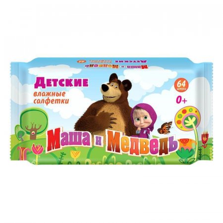 Влажные салфетки детские Маша и медведь 64 штуки в упаковке