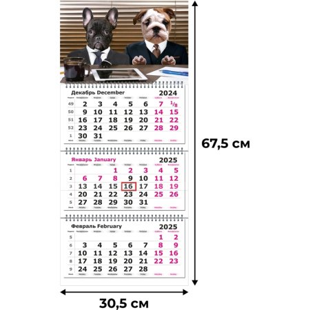 Календарь настенный 3-х блочный 2025 год Псы (30.5х67.5 см)