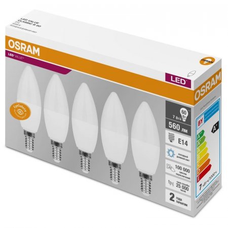 Лампа светодиодная Osram 7 Вт E14 свеча 6500 К холодный белый свет (5  штук в упаковке)