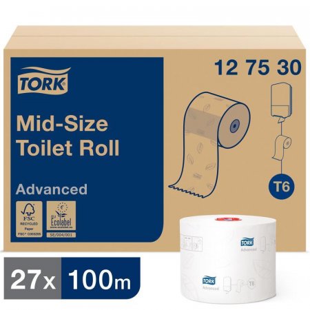 Туалетная бумага в рулонах Tork Mid-size Advanced T6 127530 2-слойная 27 рулонов по 100 метров