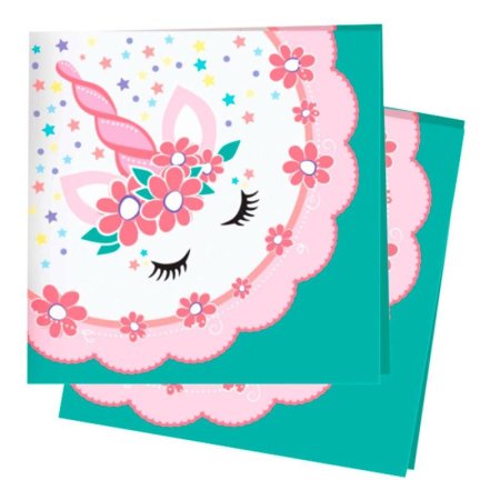 Салфетки бумажные Пати Бум Единорог Pink&Tiffany двухслойные 24х24  см с рисунком 12 шт в упаковке