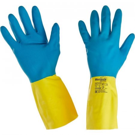 Перчатки КЩС латекс/неопрен Manipula Specialist Союз LN-F-05  желтые/синие (размер 7-7,5, S)