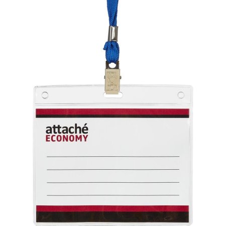 Бейдж Attache Economy горизонтальный 108x126 мм с зажимом и синей  тесьмой (5 штук в упаковке, размер вкладыша: 90x120 мм)