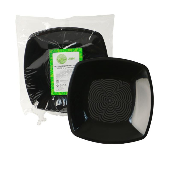 Тарелка одноразовая пластиковая 180х180 мм черная 12 штук в упаковке АВМ-Пластик
