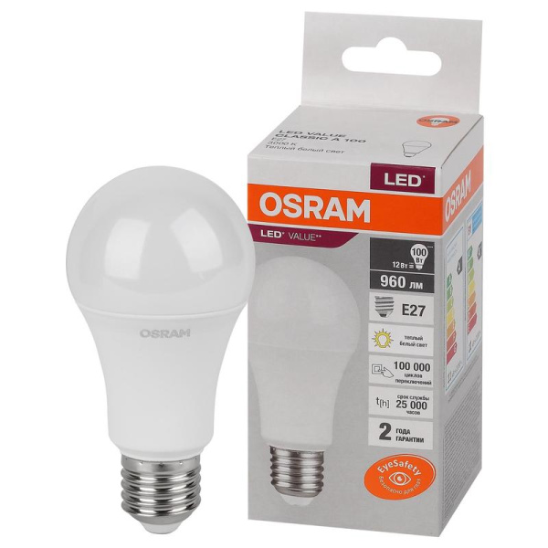 Лампа светодиодная Osram LED Value A груша 12Вт E27 3000K 960Лм 220В  4058075578975