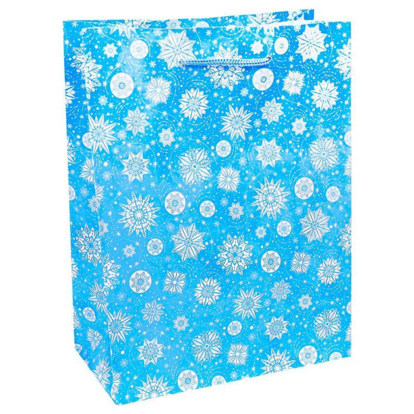 Пакет подарочный ламинированный новогодний Ажурные снежинки (23x18x8 см)