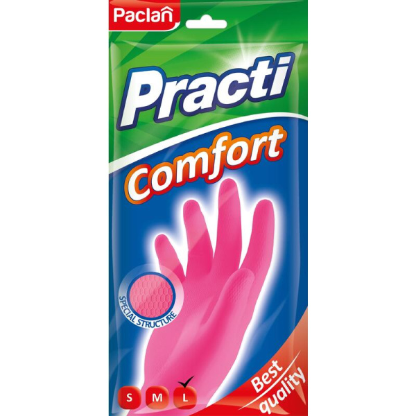 Перчатки латексные Paclan Practi Comfort с хлопковым напылением розовые  (размер 8-9, L)