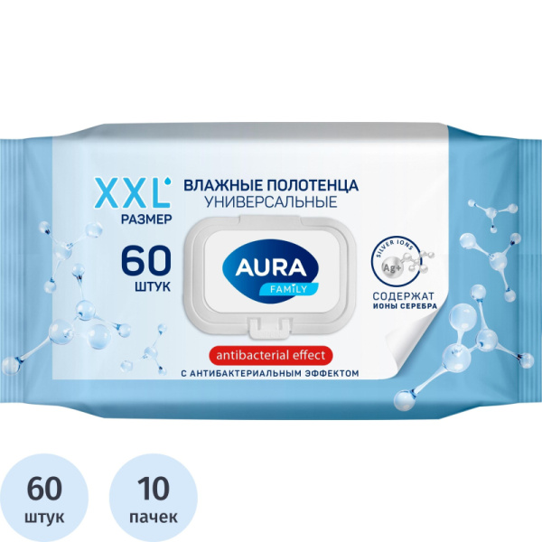 Полотенца влажные Aura Family универсальные флоупак с жёстким клапаном  (60 листов в пачке) Полотенца влажные Aura Family универсальные флоупак с жёстким клапаном  (60 листов в пачке)
