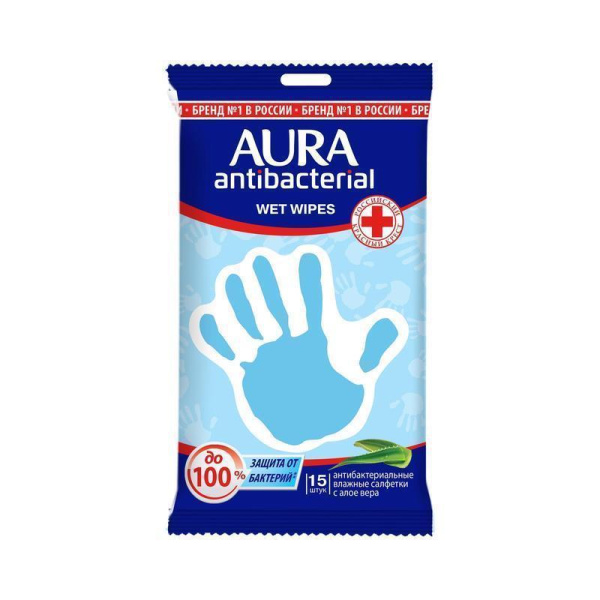Влажные салфетки антибактериальные Aura 15 штук в упаковке