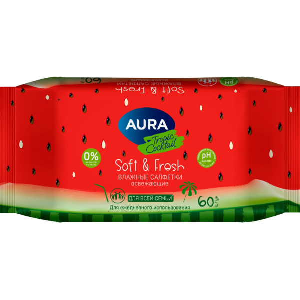 Салфетки влажные Aura Fresh Tropic Cocktail освежающие с мягким клапаном  (60 листов в пачке) Салфетки влажные Aura Fresh Tropic Cocktail освежающие с мягким клапаном  (60 листов в пачке)