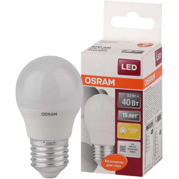 Лампа светодиодная Osram 5.5 Вт Е27 (Р, 2700 К, 470 Лм, 220 В,  4052899971646)
