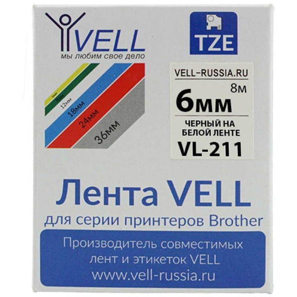 Картридж Vell VL-211 для принтера этикеток Dymo (6 мм x 8 м, цвет ленты   белый, шрифт черный)