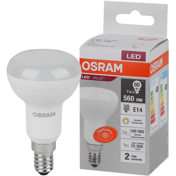 Лампа светодиодная Osram 7 Вт Е14 (R, 3000 К, 560 Лм, 220 В,  4058075581661)