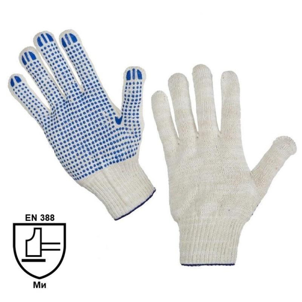 Перчатки защитные эконом хлопковые с ПВХ покрытием белые (точка, 5  нитей, 10 класс, универсальный размер, 300 пар в упаковке)