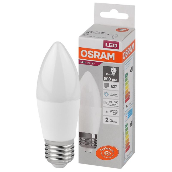 Лампа светодиодная Osram LED Value B свеча 10Вт E27 6500К 800Лм 220В  4058075579590