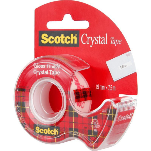 Клейкая лента канцелярская Scotch Crystal прозрачная 19 мм х 7.5 м (с диспенсером)