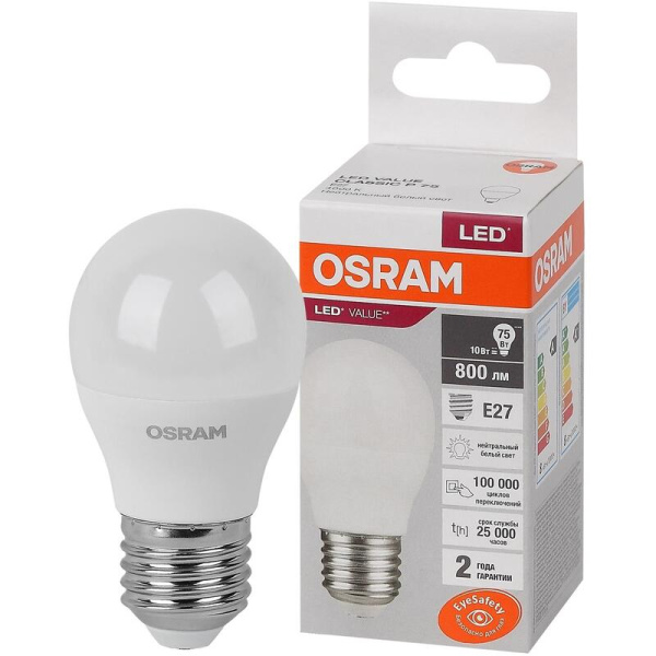 Лампа светодиодная Osram 10 Вт Е27 (Р, 4000 К, 800 Лм, 220 В,  4058075579927)