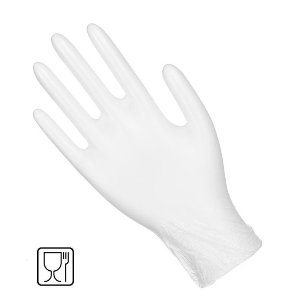 Перчатки одноразовые Klever виниловые неопудренные белые (размер M, 100 штук/50 пар в упаковке)