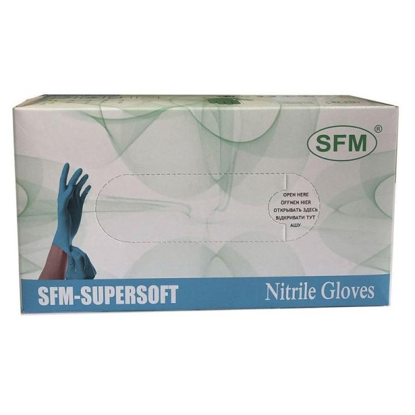 Перчатки медицинские смотровые нитриловые SFM нестерильные неопудренные голубые размер L (200 штук в упаковке)