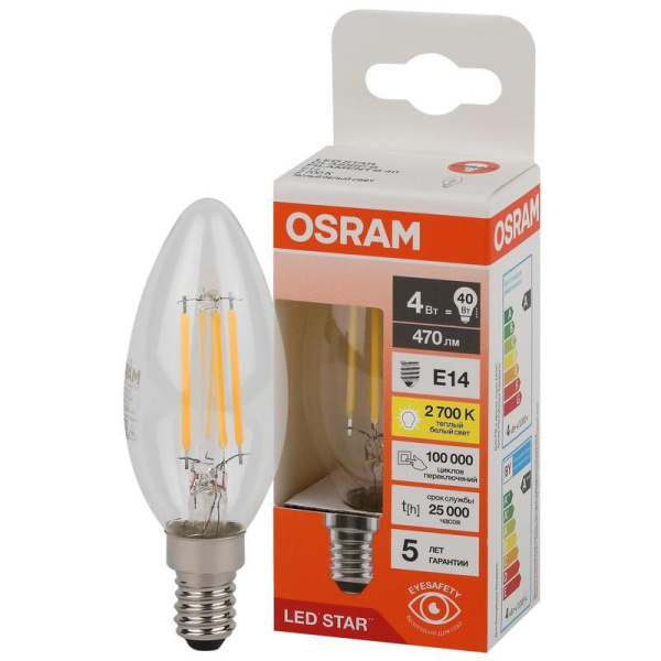 Лампа светодиодная Osram LS CLB40 свеча 4 Вт E14 2700K 470Лм 220-240 В  (4058075683877)