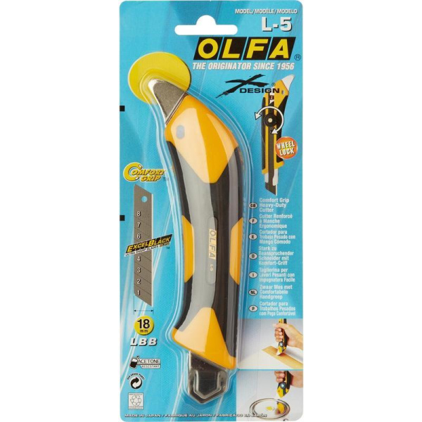 Нож универсальный Olfa 18 мм с фиксатором и двухкомпонентным корпусом желтый/черный