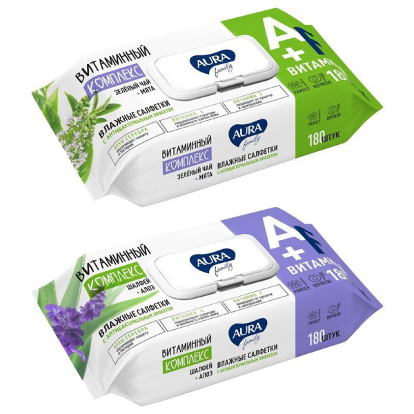 Влажные салфетки антибактериальные Aura Family 180 штук в упаковке