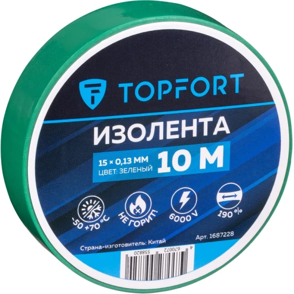 Изолента TOPFORT ПВХ 15 мм x 10 м зелёная (1687228) Изолента TOPFORT ПВХ 15 мм x 10 м зелёная (1687228)