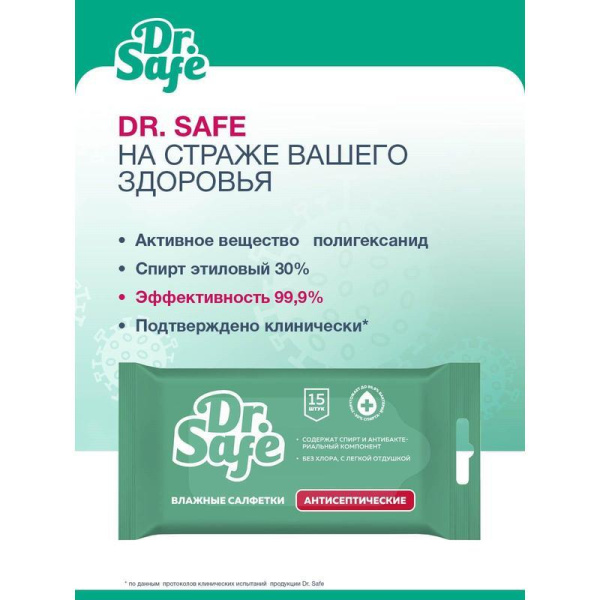 Влажные салфетки антибактериальные Dr.Safe Ментол 15 штук в упаковке