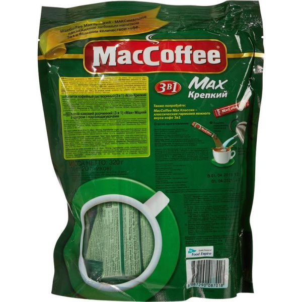 Кофе порционный растворимый MacCoffee Max 3 в 1 крепкий 20 пакетиков по 16 г