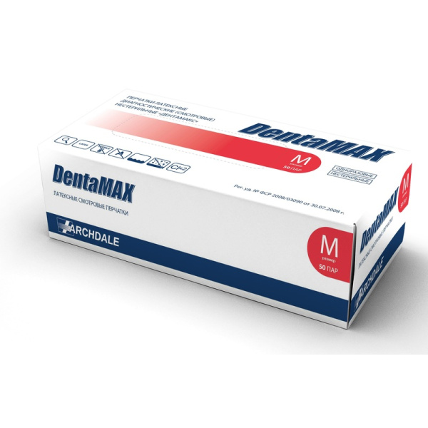 Перчатки медицинские DentaMAX латексные нестерильные неопудренные размер M (50 пар в упаковке)
