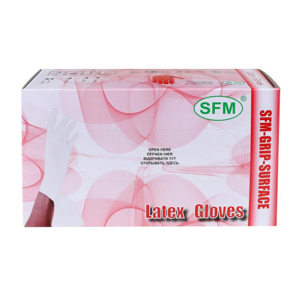 Перчатки медицинские смотровые латексные SFM нестерильные неопудренные  размер XS (5-6) бежевые (100 штук в упаковке)