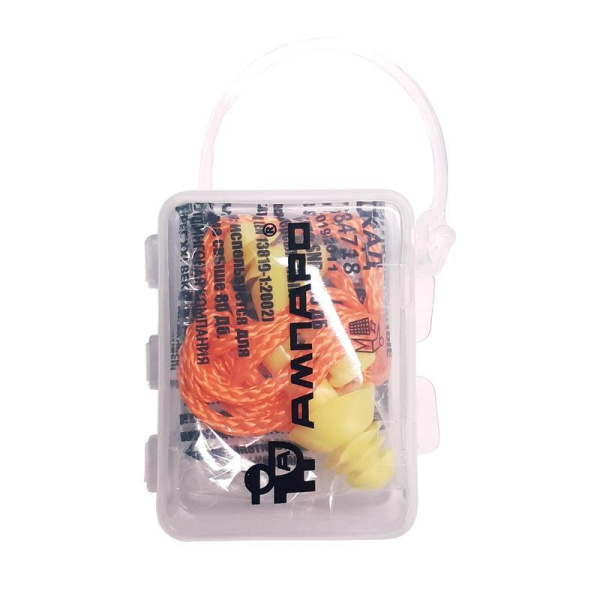 Беруши многоразовые Ампаро Каскад со шнурком в контейнере (200 штук/100  пар в упаковке, артикул производителя 384718)