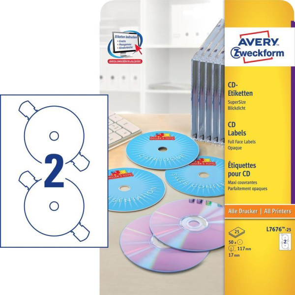 Этикетки для CD/DVD Avery Zweckform Z-L7676-25 (A4, 2 штуки на листе, D - 117 мм, 25 листов, белые матовые, артикул производителя L7676-25)